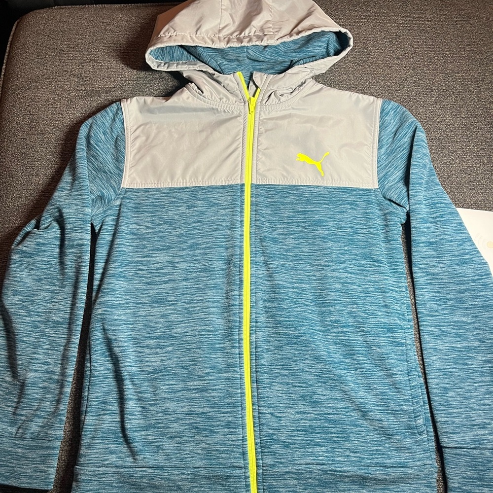 Kids Puma Zip Up Fleece Hoodie Teal And Gray With Lime Green Accent Size L 14/16